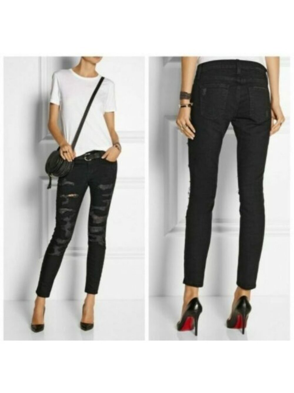Current Elliott The Stiletto in Black Tattered distressed jeans Size 26